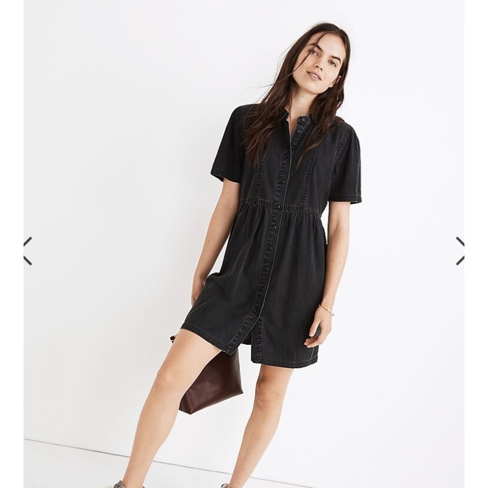 Denim Banded-Collar Babydoll Dress in Lunar Wash